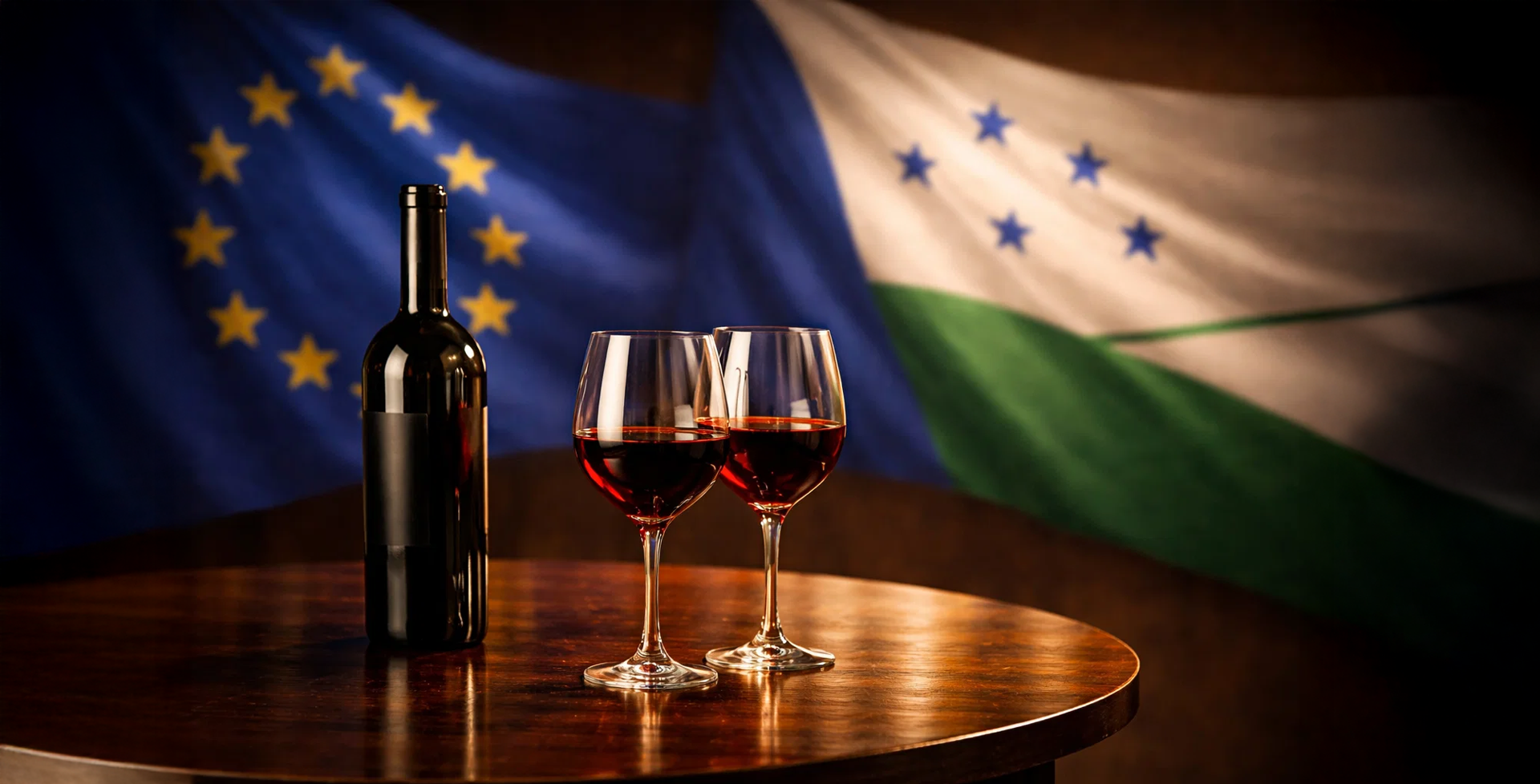 Garrafas e taças de vinhos europeus representando os impactos do acordo UE–Mercosul no mercado de vinhos brasileiro.
