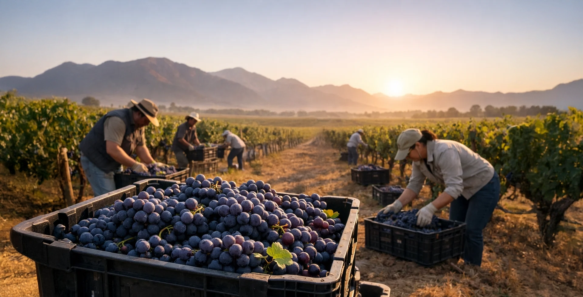Vindima 2026 no Hemisfério Sul em vinhedo do Chile ao amanhecer