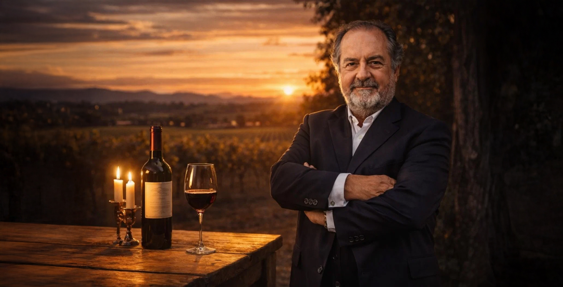 Composição de vinho tinto em taça e garrafa em cenário sofisticado, simbolizando o legado de Michel Rolland na viticultura moderna